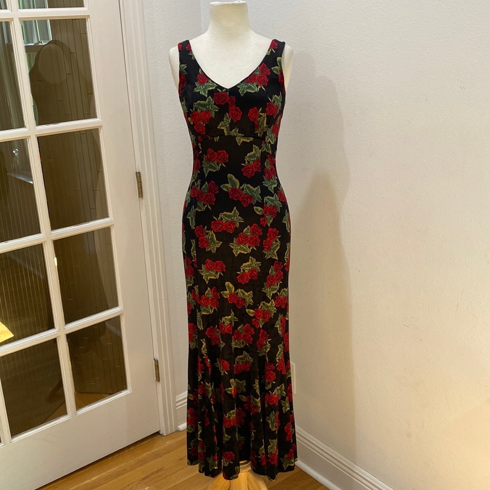 Vintage 90s 🌹 Betsey Johnson Velvet Rose Print Maxi Dress, Size Medium